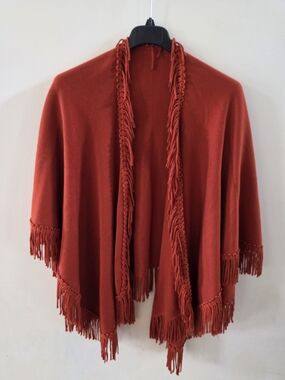 Fringed Open-Front Women's Sweater Wrap - Rust One Size